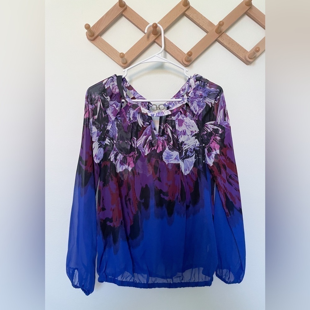 Jennifer Lopez XS Sheer Floral Blouse Purple Blue Long Sleeve Flowy Romantic Top